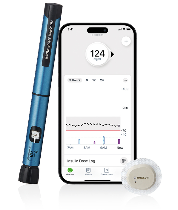 Dexcomg7 app and NovoPen produktbild
